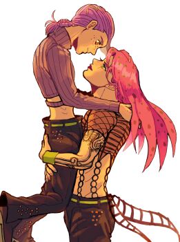 2boys absurdres belt black_pants black_shoes bracelet braid clothing_cutout diavolo eye_contact eyelashes fishnet_top fishnets freckles green_belt green_eyes hands_on_another&#039;s_shoulders highres holding_another&#039;s_wrist jewelry jojo_no_kimyou_na_bouken kinu_0825 lifting_person lipstick long_hair looking_at_another makeup male_focus multiple_boys muscular muscular_male pants pink_eyes pink_hair polka_dot polka_dot_hair purple_sweater ribbed_sweater shoes simple_background smile spotted_hair sweater turtleneck turtleneck_sweater vento_aureo vinegar_doppio white_background yaoi