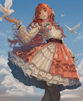 Rule 34 | 1girl, arm cannon, bare shoulders, belt, bird, bird on hand, black belt, black ribbon, blue sky, bow, bow choker, bowtie, brown eyes, buttons, center frills, choker, closed mouth, cloud, commentary request, cowboy shot, day, dove, expressionless, eyelashes, flock, frilled shirt, frilled skirt, frilled sleeves, frills, frithuric, hair ribbon, highres, infinity nikki, layered skirt, lipstick, long hair, long sidelocks, long sleeves, low twintails, makeup, miniskirt, nikki (nikki), nikki (series), off-shoulder shirt, off shoulder, outdoors, painterly, perfect start (infinity nikki), pink bow, pink bowtie, pink choker, pink hair, pink lips, pink skirt, pleated skirt, print skirt, puffy long sleeves, puffy sleeves, realistic, ribbon, see-through clothes, see-through sleeves, shirt, sidelocks, simple bird, single stripe, skirt, sky, snowflake print, snowflakes, solo, striped bow, striped bowtie, striped choker, striped clothes, tress ribbon, twintails, very long hair, walking, wavy hair, weapon, white shirt, white skirt, wind