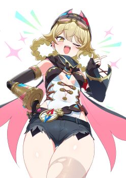 1girl bare_shoulders black_hat black_shorts black_thighhighs blonde_hair blush braid braided_hair_rings breasts commentary_request eyewear_on_head fang genshin_impact hair_rings hat highres jahoda_(genshin_impact) kamuraaa_615 looking_at_viewer mechanical_arms one_eye_closed open_mouth prosthesis prosthetic_arm prosthetic_hand shoes short_hair short_shorts shorts simple_background single_mechanical_arm single_thighhigh small_breasts smile solo star-shaped_pupils star_(symbol) sunglasses symbol-shaped_pupils thighhighs thighs torn_clothes torn_thighhighs white_background yellow_eyes