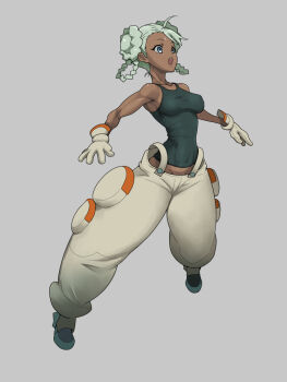 1girl ahoge bindi blue_eyes braid dark-skinned_female dark_skin don_(rg06268) double_bun female_focus full_body gloves green_hair gundam gundam_g_no_reconguista hair_bun open_mouth pants raraiya_monday shoes solo tank_top taut_clothes twin_braids white_gloves