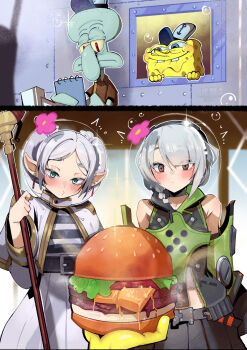2boys 2girls anby_demara animahakim artist_name belt belted_skirt biting_own_lip black_belt black_skirt blue_eyes blurry blurry_background blush brown_shirt burger capelet cheese commentary crossover dress english_commentary expressionless fishbowl_helmet flower food frieren gold_trim green_eyes grey_hair half-closed_eyes holding holding_notepad holding_pencil holding_staff indoors lettuce long_sleeves looking_at_viewer mage_staff multiple_boys multiple_crossover multiple_girls notepad o3o orange_eyes pencil pink_flower shirt short_hair skirt sousou_no_frieren spongebob_squarepants spongebob_squarepants_(series) squidward_tentacles staff striped_clothes striped_shirt tomato tomato_slice voice_actor_connection white_capelet white_dress zenless_zone_zero