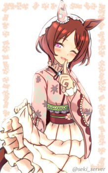 1girl animal_ears blush breasts brown_hair brown_ribbon commentary_request ear_covers finger_to_mouth floral_print floral_print_kimono flower-shaped_pupils horse_ears horse_girl japanese_clothes kimono looking_at_viewer one_eye_closed open_mouth pink_hair pink_kimono print_kimono ribbon sakura_laurel_(nouvelle_pousse)_(umamusume) sakura_laurel_(umamusume) seki_(hyokosho) short_hair single_ear_cover skirt_hold smile solo symbol-shaped_pupils umamusume