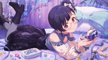 1girl bed black_hair boots bow game_cg glasses high_heel_boots high_heels holding idolmaster idolmaster_million_live! idolmaster_million_live!_theater_days lying nakatani_iku official_art on_stomach orange_eyes pantyhose pillow shoe_soles side_ponytail smile solo star_(symbol) zipper