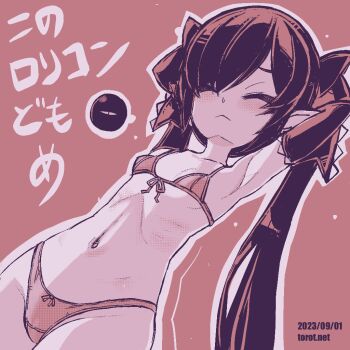 1girl :< arm_behind_head backbeako_(torotei) backbeard blush bra breasts closed_eyes closed_mouth commentary_request dated dated_commentary dutch_angle elbow_gloves female_focus frown gegege_no_kitarou gloves hair_over_one_eye hair_ribbon kono_lolicon_domome loli long_hair monochrome navel original paid_reward_available panties pointy_ears red_background ribbon ribs simple_background small_breasts solo torotei translated twintails underwear watermark web_address