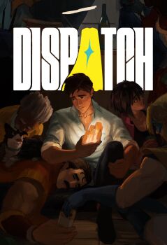 3girls 5boys absurdres aethash beard_stubble black_hair black_shirt blonde_blazer blonde_hair blue_eyes blue_mask blue_shirt bodysuit brown_eyes chase_(dispatch) commentary copyright_name dark-skinned_female dark-skinned_male dark_skin dispatch dog dress_shirt elbow_gloves english_commentary facial_hair gloves highres indoors invisigal jacket lamp malevola_(dispatch) multiple_boys multiple_girls muscular muscular_male mustache on_floor open_clothes open_jacket phenomaman robert_robertson royd_(dispatch) shirt short_hair sleeping sleeves_rolled_up sonar_(dispatch) stubble sweater white_bodysuit white_hair yellow_sweater