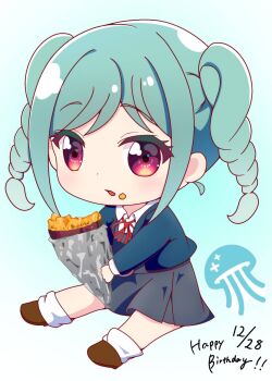 aqua_hair blue_background blue_jacket brown_shoes chibi commentary_request crepe eating food grey_skirt happy_birthday highres holding holding_crepe holding_food jacket jellyfish long_hair looking_at_viewer love_live! love_live!_superstar!! onitsuka_tomari open_mouth red_eyes school_uniform shirt shoes sitting skirt socks toshiki-smile-heart twintails white_shirt white_socks yuigaoka_school_uniform