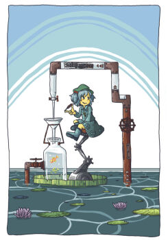 1girl blue_boots boots bottle newsboy_cap female_focus fish flower green_hat hat holding holding_screwdriver kawashiro_nitori kiga3bon lily_pad lotus marukei_(kuramaruk) pump screwdriver sitting solo touhou two_side_up water