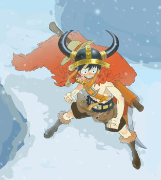 1boy axe belt belt_buckle black_hair black_shorts blush boots brown_boots buckle cape cheouldu clenched_hands commentary_request cross_scar facial_scar fake_horns from_above full_body hat helmet highres horned_helmet horns korean_commentary looking_at_viewer male_focus monkey_d._luffy official_alternate_costume one_piece open_mouth outdoors red_cape scar scar_on_cheek scar_on_chest scar_on_face shorts snow snowing solo standing straw_hat topless_male weapon weapon_on_back