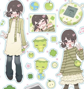 1girl apple brown_hair cardigan cellphone cellphone_charm charm_(object) clover commentary_request crossbody_bag denim dress earth_(planet) fashion food frilled_skirt frills fruit glasses green_cardigan green_scarf green_sweater hair_bun hair_ornament hairclip heisei_retro highres holding holding_phone jeans kappa korean_commentary long_sleeves looking_at_viewer multiple_views open_cardigan open_clothes original pants phone planet red-framed_eyewear scarf selfie single_side_bun skirt smartphone striped_clothes striped_scarf sweater toganeki v virtual_pet_(toy) white_dress white_skirt