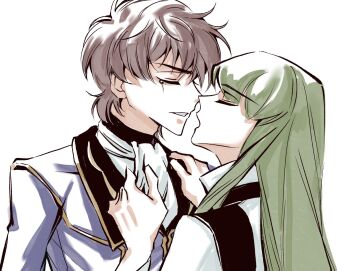 1boy 1girl ascot brown_hair c.c. closed_eyes code_geass green_hair highres imminent_kiss kururugi_suzaku long_hair open_mouth simple_background tears tears_from_one_eye urinxychjzzwlof white_background
