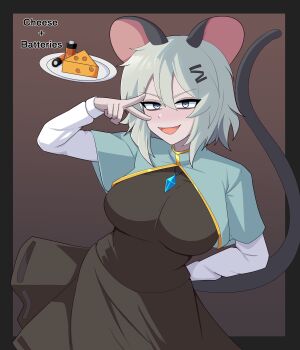 1girl absurdres animal_ears arm_behind_back bags_under_eyes battery black_border black_dress black_eyeliner blue_eyes border breasts capelet cheese commentary cosplay cowboy_shot crystal dress english_commentary english_text eyeliner food gradient_background grey_capelet grey_hair hair_ornament hairclip highres jewelry julian_belkan large_breasts layered_clothes leaning_to_the_side long_sleeves makeup marie_(peripeteia) medium_hair mouse_ears mouse_girl mouse_tail nazrin nazrin_(cosplay) necklace open_mouth outside_border pendant peripeteia shirt smile solo standing tail touhou undefined_fantastic_object v v-shaped_eyebrows v_over_eye white_shirt