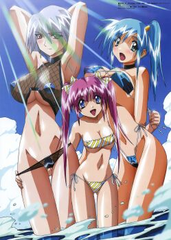 3girls :o aqua_eyes armpits arms_behind_head assisted_exposure bandeau bikini bikini_pull bikini_top_lift blue_eyes blue_hair blush breasts choker cleavage clothes_lift clothes_pull cloud covered_erect_nipples day diagonal-striped_bikini diagonal-striped_clothes divergence_eve eyepatch_bikini fishnets grey_hair height_difference highleg highleg_bikini highres hug kotoko_01 kureha_misaki large_breasts lifting_another's_clothes light_rays long_hair long_legs lyar_von_ertiana multiple_girls open_mouth outdoors pink_hair pulling_another's_clothes red_eyes retro_artstyle ribbon scan shiny_skin short_hair side-tie_bikini_bottom side_ponytail sky smile splashing standing strapless striped_bikini striped_clothes sunbeam sunlight surprised swimsuit thigh_gap tube_top twintails underboob undressing wading water yamashita_toshinari