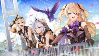 1girl 2boys bennett_(genshin_impact) black_nails blonde_hair bow bowtie breasts brown_gloves brown_hood brown_shirt brown_sleeves commentary_request con_potata eyepatch fischl_(genshin_impact) genshin_impact gloves goggles goggles_on_head green_eyes grey_hair guest_art hair_between_eyes hair_over_one_eye hood hood_up long_hair medium_breasts multiple_boys open_mouth oz_(genshin_impact) purple_bow purple_bowtie razor_(genshin_impact) red_eyes scar scar_on_arm shirt short_hair single_glove smile two_side_up white_hair