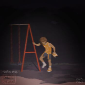 1boy 2024 artist_name blurry brown_hair dark-skinned_male dark_skin grey_shorts highres kel_(faraway)_(omori) kel_(omori) madnopost male_focus night omori orange_shoes outdoors shoes short_hair shorts single_shoe sneakers socks solo standing standing_on_one_leg swing_set white_socks