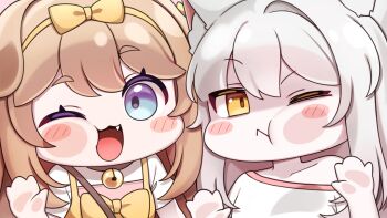 Rule 34 | 2girls, :<, :3, :t, against fourth wall, animal ears, bell, blue eyes, blush, bow, bow hairband, brown collar, brown hair, butter (trickcal), cat ears, cat girl, cheek press, closed mouth, collar, collarbone, commentary request, dasom, dog ears, dog girl, dress, fang, hairband, highres, jingle bell, kommy (trickcal), korean commentary, long hair, looking at viewer, multiple girls, neck bell, one eye closed, open mouth, pinafore dress, shirt, short sleeves, single off shoulder, sleeveless, sleeveless dress, smile, trickcal, upper body, white hair, white shirt, yellow bow, yellow dress, yellow eyes, yellow hairband