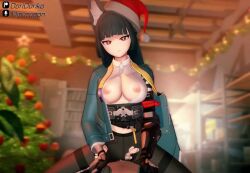 1boy 1girl 3d animal_ear_fluff animal_ears animated artist_name black_hair black_pantyhose blush bouncing_breasts breasts breasts_out censored christmas christmas_tree clothed_sex cowgirl_position doridoriko fox_ears fox_girl girl_on_top gloves hat hetero hoshimi_miyabi indoors koikatsu_(medium) looking_at_viewer medium_breasts misuzugon moaning mosaic_censoring nipples pantyhose penis pov pov_crotch red_eyes santa_hat sex sound spread_legs straddling tagme torn_clothes torn_pantyhose vaginal video zenless_zone_zero