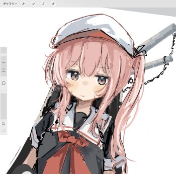 1girl art_program_in_frame black_ribbon black_shirt blush chain commentary_request double-parted_bangs dutch_angle hair_between_eyes hair_ribbon harusame_(kancolle) hat hat_ribbon highres ichiha_(ichi_u2) kantai_collection long_hair looking_at_viewer neckerchief pink_eyes pink_hair red_neckerchief ribbon rigging sailor_collar shirt short_sleeves side_ponytail sidelocks simple_background sketch solo sweat upper_body white_background white_hat white_sailor_collar