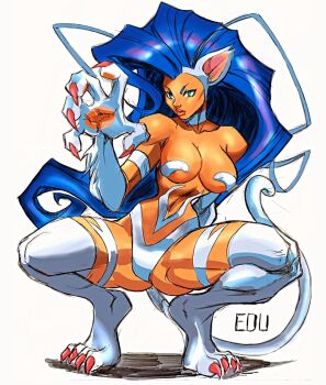 Rule 34 | 1girl, animal ears, animal hands, bare shoulders, blue hair, breasts, cat ears, cat tail, dark-skinned female, dark skin, darkstalkers, edu souza, felicia (darkstalkers), green eyes, highres, large breasts, lips, long hair, squatting, tail, very long hair, white background, white fur