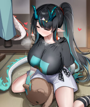 2girls absurdres aqua_hair arknights black_hair black_shirt black_socks blue_hair blush breasts breath chinese_commentary closed_eyes closed_mouth colored_extremities commentary crotch_rub dishui_tangni dragon_girl dragon_horns dragon_tail dusk_(arknights) earrings heart highres horns implied_masturbation indoors jewelry kneehighs large_breasts long_hair multiple_girls nian_(arknights) on_floor pointy_ears ponytail shirt shorts sitting socks solo_focus stuffed_animal stuffed_toy t-shirt tail teddy_bear twitching wariza white_shorts