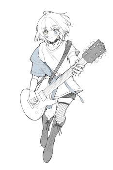 1girl bang_dream! bang_dream!_it's_mygo!!!!! black_bow black_choker black_shorts blue_eyes bow choker closed_mouth electric_guitar fishnet_thighhighs fishnets guitar heterochromia highres holding holding_guitar holding_instrument instrument kaname_raana pokoroo09637184 shirt short_hair short_sleeves shorts simple_background single_thighhigh skindentation solo thighhighs white_background white_hair white_shirt yellow_eyes