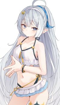 1girl absurdres auuufox bikini bikini_skirt blue_eyes bracelet breasts commentary cowboy_shot female_tyrant_(stella_sora) female_tyrant_(swimsuit)_(stella_sora) grey_hair hairband highres jewelry key long_hair looking_at_viewer navel official_alternate_costume own_hands_together pointy_ears simple_background small_breasts solo stella_sora stomach swimsuit symbol-only_commentary tyrant_(stella_sora) very_long_hair white_background white_bikini white_hairband