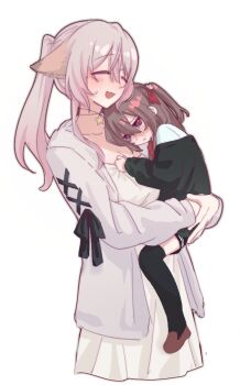 2girls animal_ears annytf black_cardigan black_skirt black_thighhighs bow bowtie brown_hair brown_shoes cardigan carrying carrying_person child_carry closed_eyes conversion806f crying crying_with_eyes_open dress evil_neuro-sama fox_ears fox_girl from_side hair_between_eyes hair_ornament hair_ribbon hashtag-only_commentary indie_virtual_youtuber long_hair long_sleeves multiple_girls neuro-sama off-shoulder_cardigan open_mouth ponytail pout red_bow red_bowtie red_eyes red_ribbon ribbon shirt shoes skirt skull_hair_ornament star_(symbol) sweater tears thighhighs two_side_up upper_body vedal_ai virtual_youtuber white_dress white_hair white_shirt white_sweater