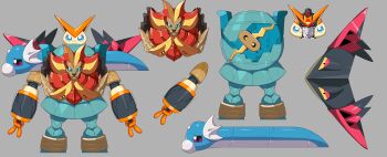 :&gt; absurdres black_eyes blue_eyes closed_mouth colored_sclera cropped_legs disassembly dragapult dratini drunkoak fangs fusion gen_1_pokemon gen_5_pokemon gen_6_pokemon gen_8_pokemon golurk grey_background highres incredibly_absurdres legendary_pokemon looking_at_viewer mecha mythical_pokemon nintendo poke_ball_symbol pokemon purple_eyes pyroar pyroar_(male) red_eyes robot simple_background standing straight-on victini yellow_sclera