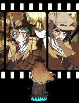1boy 2girls bandana black_background black_gloves black_hair brown_capelet brown_coat brown_eyes brown_gloves brown_hair capelet cigarette coat facing_away full_body gears gloves hat heterochromia highres hong_lu_(project_moon) limbus_company long_hair long_sleeves looking_at_viewer low_ponytail monocle multiple_girls nakame77 plaid_capelet plaid_clothes ponytail project_moon rodion_(project_moon) ryoshu_(project_moon) short_hair simple_background smoking standing steampunk top_hat upper_body white_bandana yurodiviye_(identity)_(project_moon)
