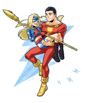 1boy 1girl belt billy_batson black_hair blonde_hair blue_eyes boots braces cape captain_marvel carrying courtney_whitmore crop_top dc_comics domino_mask eye_mask gloves justice_society_of_america lace-up_boots lightning_bolt_symbol long_hair mask midriff princess_carry sen_(pixiv111638) shazam shoes shorts skin_tight smile staff stargirl yellow_footwear