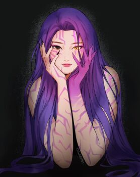 Rule 34 | 1girl, alternate hairstyle, artist name, black background, black nails, body markings, brown eyes, closed mouth, commentary, english commentary, eyeshadow, facial mark, fangs, fangs out, film grain, fingernails, hair over shoulder, head rest, heterochromia, highres, invisible table, kpop demon hunters, long fingernails, long hair, looking at viewer, makeup, mismatched pupils, parted hair, pink eyeshadow, pink lips, purple hair, purple hands, rumi (kpop demon hunters), slit pupils, straight hair, tenartistt, very long hair, yellow eyes