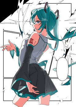 1girl ankaketomato aqua_hair bare_shoulders black_skirt blank_speech_bubble commentary_request cowboy_shot detached_sleeves grey_shirt hatsune_miku highres long_hair long_sleeves miniskirt pleated_skirt shirt skirt sleeveless sleeveless_shirt solo speech_bubble twintails vocaloid