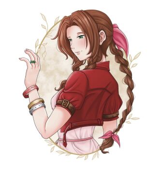 1girl aerith_gainsborough arm_belt blush border bracelet braid braided_ponytail breasts brown_hair closed_mouth commentary cropped_jacket dress english_commentary final_fantasy final_fantasy_vii final_fantasy_vii_remake gold_bangle green_eyes hair_ribbon highres jacket jewelry light_smile long_hair looking_at_hand medium_breasts meli_sketch multiple_bracelets parted_bangs pink_dress pink_ribbon red_jacket ribbon short_sleeves sidelocks silver_bangle single_braid solo upper_body white_border