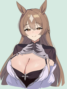 1girl alternate_costume animal_ears blush breasts brown_eyes brown_hair cleavage closed_mouth commentary_request detached_sleeves dress g_bael_suomi highres horse_ears horse_girl huge_breasts long_hair looking_at_viewer satono_diamond_(umamusume) smile solo umamusume upper_body very_long_hair white_dress