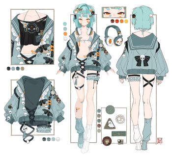 1girl bandaid bandaid_on_face bandaid_on_leg bikini black_jacket blue_garter_belt blue_hair blue_shirt blue_socks bow bra_strap bug closed_mouth color_guide crop_top garter_belt garter_straps hair_bow hair_ornament hairpin headphones headphones_around_neck highres hip_bones inami_yoki inami_yoki_(4th_costume) inami_yoki_(artist) indie_virtual_youtuber insect jacket moth multicolored_socks navel official_alternate_costume official_art orange_eyes orange_nails patch phonograph reference_sheet ribbon shirt short_hair short_twintails skull skull_hair_ornament smug socks solo sticker sticker_on_face striped_bikini striped_clothes swimsuit thighs twintails two-tone_socks white_socks x_hair_ornament