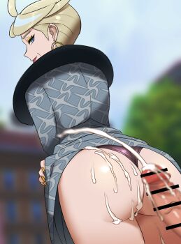 1boy 1girl ass bar_censor blonde_hair blue_eyes blurry blurry_background censored cum cum_on_ass cum_on_body earrings ejaculation highres i_b_(yaun2242) jacket jett_(pokemon) jewelry looking_back mature_female nintendo outdoors panties penis pokemon pokemon_legends:_z-a public_indecency red_lips short_hair underwear