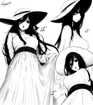 1girl :o absurdres adjusting_clothes adjusting_headwear arm_behind_back breasts commentary dress english_commentary from_below greyscale hair_between_eyes hasshaku-sama hat highres japanese_urban_legends large_breasts long_dress long_hair long_sleeves lughost monochrome open_mouth signature skirt_hold sun_hat very_long_hair