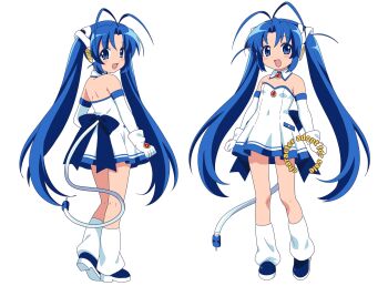 1girl 2000s_(style) absurdres adoptable antenna_hair bk_(barakoodra) blue_eyes blue_hair bow cable cable_tail child commentary dot_nose dress english_commentary faux_retro_artstyle highres leg_warmers long_hair looking_at_viewer mechanical_tail open_mouth original smile strapless strapless_dress tail twintails white_dress