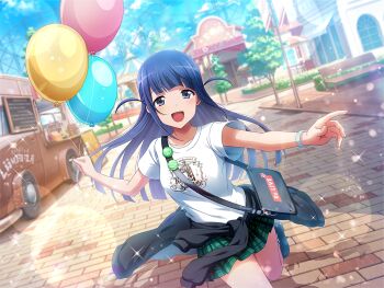 Rule 34 | 1girl, amusement park, animate (company), bag, balloon, black bag, black hoodie, blue eyes, blue hair, blunt bangs, breasts, clothes around waist, clothes writing, day, food truck, game cg, green skirt, holding, holding balloon, hood, hoodie, looking at viewer, medium breasts, official art, open mouth, pavement, plaid clothes, plaid skirt, pleated skirt, running, shirt, short sleeves, shoujo kageki revue starlight, shoujo kageki revue starlight -re live-, shoulder bag, skirt, solo, tsuyuzaki mahiru, upper body, watch, white shirt, wristwatch