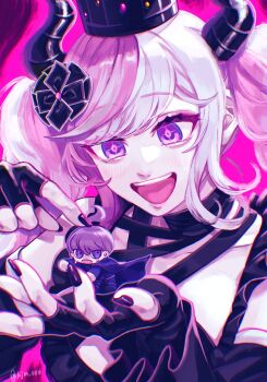 1boy 1girl :d ahoge black_dress black_flower black_gloves black_horns black_nails blue_cape blue_jacket braid breasts cape carrying carrying_person chibi cleavage commentary criss-cross_halter crown demon_horns detached_sleeves dress fingerless_gloves flower gloves hair_flower hair_ornament halterneck highres horns jacket kjm_086 long_sleeves looking_at_another master_detective_archives:_rain_code medium_breasts mini_person miniboy multicolored_hair nail_polish open_mouth pink_background pink_eyes pink_hair purple_eyes purple_hair scared shinigami_(rain_code) short_hair smile symbol-only_commentary teeth twin_braids twitter_username two-tone_hair upper_body upper_teeth_only white_hair yuma_kokohead