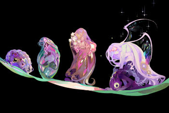 5girls absurdres akemi_homura akemi_homura_(magical_girl) akuma_homura argyle_clothes argyle_legwear black_background blue_hair bow braid butterfly_wings chinese_commentary cocoon colored_skin commentary_request cracked_skin crossed_arms dress ecdysis faceless flower from_side full_body green_pantyhose hair_bow hair_ribbon hairband hand_on_own_arm highres holding holding_flower homulilly ink_(303682546) insect_wings jacket juliet_sleeves kneeling leaf long_hair long_sleeves mahou_shoujo_madoka_magica mahou_shoujo_madoka_magica:_hangyaku_no_monogatari multicolored_hair multiple_girls multiple_persona neck_ribbon pantyhose pink_dress pink_hair pink_hairband profile prostration puffy_sleeves purple_hair purple_jacket purple_skin purple_skirt ribbon sequential shedding simple_background skirt sparkle standing transformation twin_braids very_long_hair white_flower white_skin wings