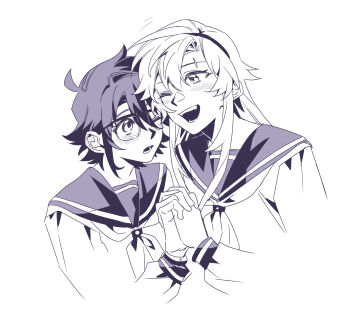 2girls black_headband blush bracelet cardigan chinese_commentary commentary glasses greyscale headband heart-shift_bracelets highres holding_hands jewelry jiguang_haibao koishikawa_iko long_hair long_sleeves momijiyama_teru monochrome multiple_girls neckerchief sailor_collar scar scar_across_eyebrow scar_on_face school_uniform serafuku short_hair shy_(series) simple_background teeth white_background yuri