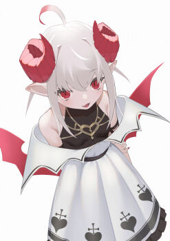 Rule 34 | 1girl, ahoge, an skill, arm behind back, arm strap, bare shoulders, belt, blush, breasts, broken heart print, colored tips, cross, cross print, curled horns, demon girl, demon horns, demon wings, dress, dutch angle, dyed ahoge, fang, feet out of frame, frilled dress, frills, from above, grey hair, hair between eyes, heart, heart print, highres, horns, long dress, looking at viewer, makaino ririmu, makaino ririmu (1st costume), multicolored hair, nijisanji, off-shoulder dress, off shoulder, open mouth, pointy ears, red eyes, red horns, red nails, red streaks, red wings, shirt under dress, short hair, sidelocks, simple background, small breasts, smile, solo, standing, streaked hair, undershirt, upturned eyes, virtual youtuber, white background, white dress, wings