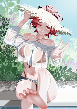 1girl absurdres alternate_costume arm_up bangs_pinned_back bare_shoulders barefoot bikini blue_sky blush breasts chinese_commentary chixia_(wuthering_waves) collarbone commentary_request criss-cross_halter crop_top crop_top_overhang day denim denim_shorts front-tie_bikini_top front-tie_top grin hair_through_headwear halterneck hat head_tilt highleg highleg_bikini highres large_breasts lipstick long_sleeves looking_at_viewer makeup medium_hair navel off-shoulder_shirt off_shoulder one_eye_closed poolside red_bikini red_hair red_lips see-through_cleavage see-through_clothes see-through_shirt shadow shirt short_shorts shorts sidelocks sitting sky smile solo stomach straw_hat swimsuit teeth umacastle v white_shirt wuthering_waves