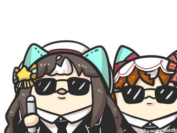 2girls animal_ears beret black_jacket black_necktie bow braid brown_hair collared_shirt commentary_request formal_clothes goma_(gomasamune) hair_bow hat highres hokko_tarumae_(umamusume) horse_ears jacket low_twintails men_in_black multicolored_hair multiple_girls necktie shirt simple_background star_(symbol) still_in_love_(umamusume) striped_bow suit twin_braids twintails twitter_username two-tone_hair umamusume upper_body veil white_background white_hair white_hat white_shirt