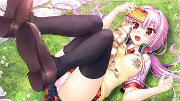 1girl ass black_thighhighs blush breasts cat daitoshokan_no_hitsujikai dress eyelashes from_above game_cg grass hair_between_eyes hand_up holding holding_phone leg_focus legs long_hair looking_at_another official_art open_mouth panties phone pink_hair pink_panties red_dress red_eyes red_skirt shirt shoes skirt solo thighhighs tied_shirt toki_nozomi tongue underwear white_dress yellow_dress