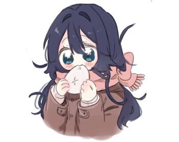 1girl antenna_hair blue_eyes blue_hair blush bow brown_coat coat commentary_request cropped_torso double-parted_bangs eating fluffy_hair food food_in_mouth hair_between_eyes hair_intakes hands_up highres kimi_no_koto_ga_dai_dai_dai_dai_daisuki_na_100-nin_no_kanojo long_sleeves messy_hair pikyu pink_scarf scarf scarf_bow side_ahoge simple_background solo steamed_bun white_background winter_clothes yoshimoto_shizuka