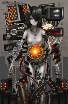 1girl android black_hair breasts cable colored_skin female_focus flower gia glowing grey_skin hair_over_one_eye highres ivy machine nipples no_nipples orange_eyes original science_fiction screen short_hair solo tattoo topless_female wire