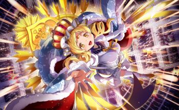 1girl artist_request attack black_background black_shirt blonde_hair blue_veil boots buttons circle_skirt corset crazy crazy_smile crown dot_nose drill_hair embers eyelashes firing floating_clothes floating_hair floral_print forehead_jewel frilled_sleeves frills from_above full_body fur-trimmed_veil fur_trim game_cg gem gold_crown halo halo_behind_head highres holy_mami juliet_sleeves knee_boots layered_shirt light_blush long_hair long_sleeves magia_record:_mahou_shoujo_madoka_magica_gaiden magical_girl mahou_shoujo_madoka_magica mahou_shoujo_madoka_magica_magia_exedra miniskirt multicolored_boots official_art open_mouth orange_gemstone orange_pupils outstretched_arms pinstripe_pattern pinstripe_shirt pleated_skirt puffy_sleeves red_veil ribbon shirt skirt smile solo striped_clothes striped_thighhighs tareme thighhighs tomoe_mami turtleneck turtleneck_shirt twin_drills two-sided_veil two-tone_boots veil vertical-striped_clothes vertical-striped_thighhighs white_boots white_corset white_shirt white_skirt white_thighhighs yellow_boots yellow_eyes yellow_ribbon