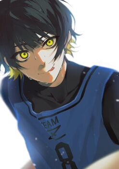 Rule 34 | 1boy, bachira meguru, black hair, blonde hair, blue lock, blue lock bodysuit, closed mouth, commentary request, highres, looking at viewer, male focus, multicolored hair, short hair, simple background, solo, streaked hair, sweat, tongue, tongue out, upper body, very sweaty, white background, xe5m38, yellow eyes