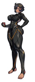 absurdres ass barefoot bodysuit breasts dark_skin emma_(pokemon) highres impossible_bodysuit impossible_clothes impossible_leotard large_breasts leotard mold_(pixiv6616319) nintendo pokemon pokemon_legends:_z-a skin_tight